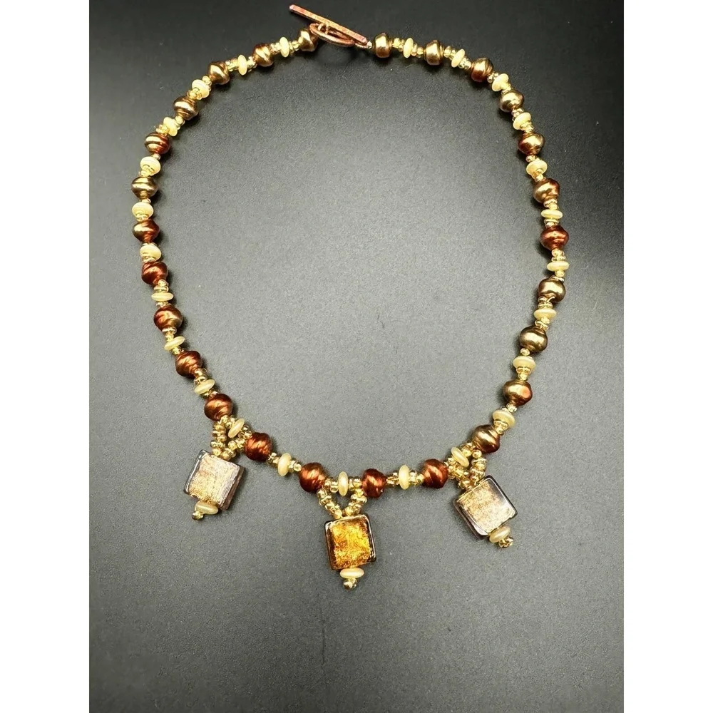 Copper‎ Color Faux Pearl Seed Bead Glitter Glass Dangle Necklace 16 Jewelry